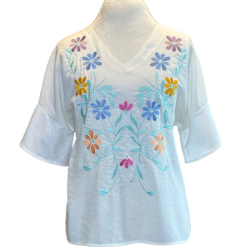 Tribal Jeans Mixed Media Top.  Frill Sleeve Top with Embroidery New Size…